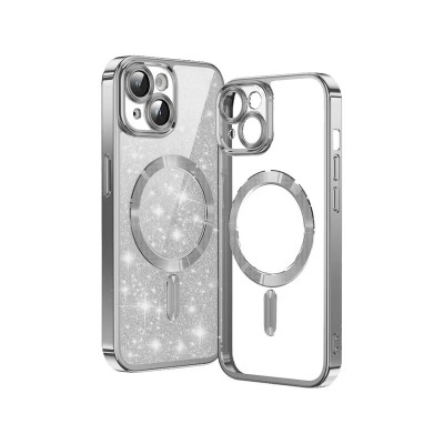 Husa iPhone 15, Crystal Glitter MagSafe cu Protectie La Camere, Silver